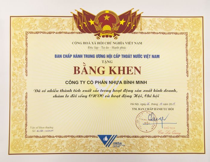 Nhựa Bình Minh đã vinh dự nhận bằng khen từ Ban Chấp hành Trung ương Hội Cấp Thoát Nước Việt Nam