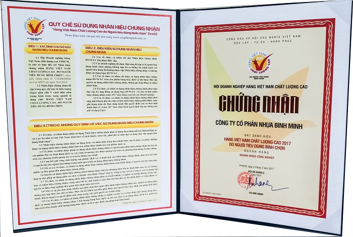 Nhựa Bình Minh vinh dự nhận danh hiệu Hàng Việt Nam chất lượng cao năm 2017