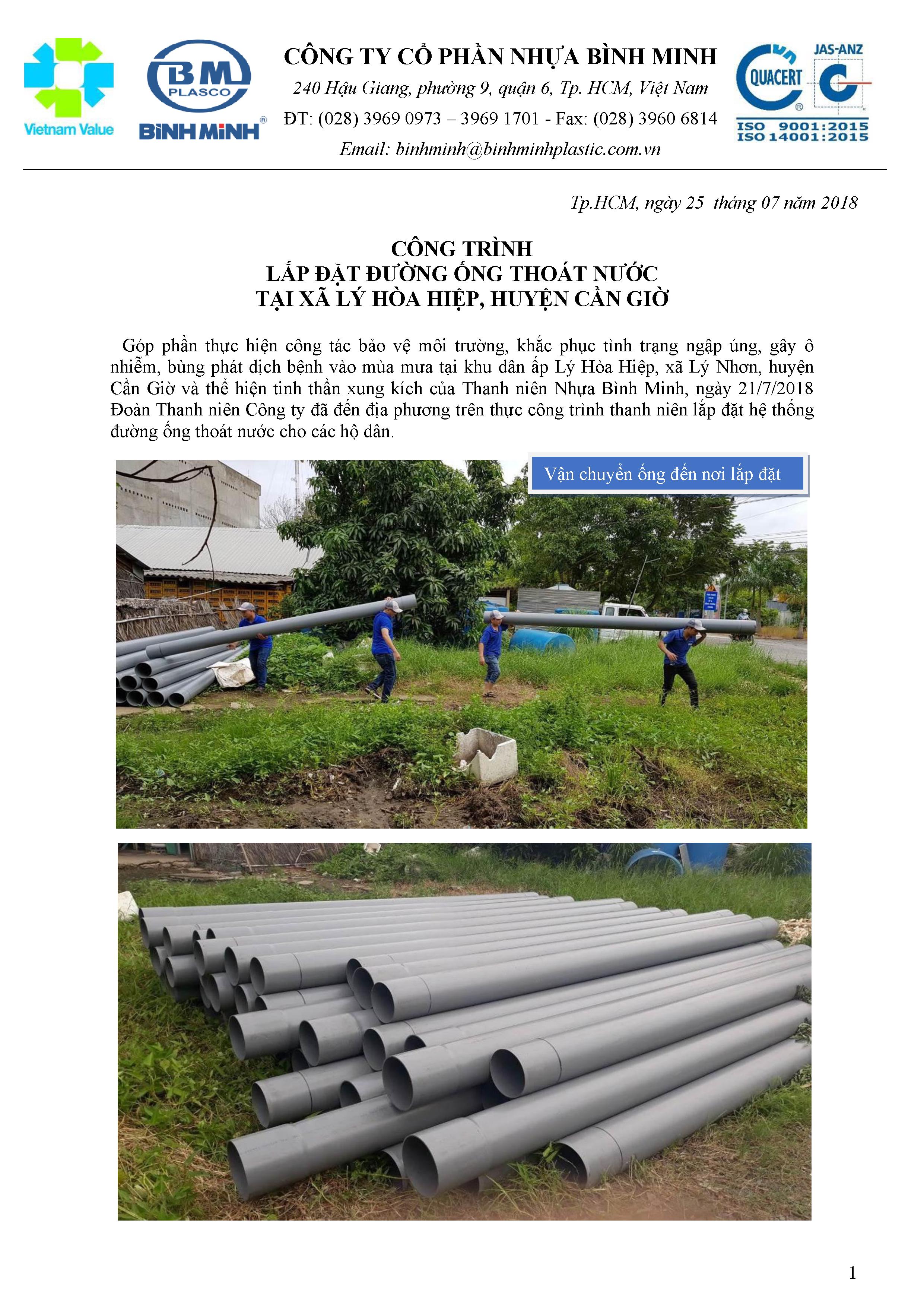 CÔNG TRÌNH LẮP ĐẶT ĐƯỜNG ỐNG THOÁT NƯỚC TẠI XÃ LÝ HÒA HIỆP, HUYỆN CẦN GIỜ